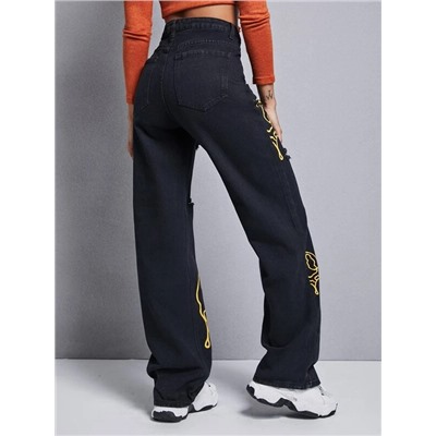 Рваные джинсы SHEIN EZwear с широкими штанинами и графическим рисунком