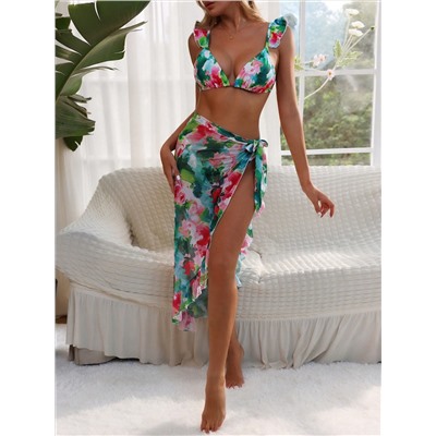 SHEIN Swim Vcay Damen Badeanzug Set Mit Rüschen Und Blumen Muster Im Tie-dye-stil