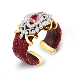 Кольцо роскошное женское разъемное из золочёного серебра с кожей ската, фианитами и родированием