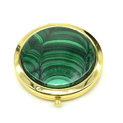 Сувенирное зеркальце с малахитом круглое, золотистое, в коробочке