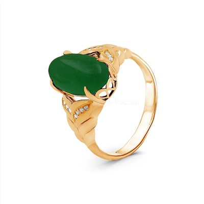 Кольцо из золочёного серебра с нат. зелёным агатом и фианитами
