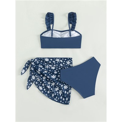 Teen Mädchen Bikini mit Rüschen, Rüschenbesatz & Blume Muster Strandrock