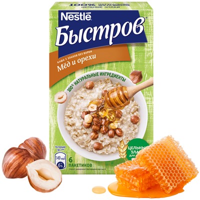 Каша Nestle Быстров 5 злаков с медом и орехами не требующая варки 6шт, 240г