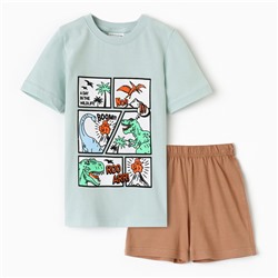 Комплект для мальчика (футболка/шорты) "Динозавры", цвет голубой/т-песочный, р.104-110