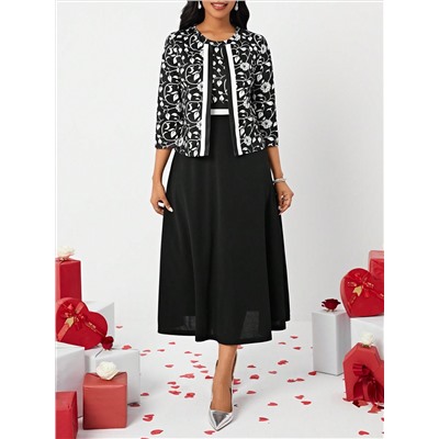 SHEIN Lady Valentinstag Blumenprint Jacke Und Kleid Set Mit Offener Vorderseite