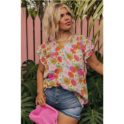 Multicolour Plus Floral Notched Neck Ruffle Sleeve Blouse