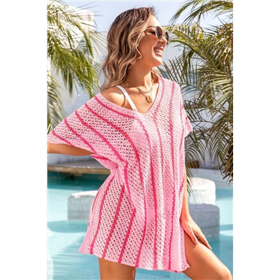 Pink Striped Crochet Loose Fit V Neck Beach Cover Up