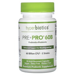 Hyperbiotics Pre + Pro 60B, 60 миллиардов КОЕ, 30 кислотоустойчивых капсул