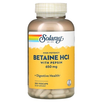Solaray Бетаин HCl высокой мощности с Пепсином - 650 мг - 250 вегетарианских капсул - Solaray