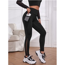 Yoga Trendy Kontrast Mesh Sport Leggins Mit Handytasche, Trainingsleggins