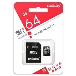 Карта памяти MicroSD 64GB Smart Buy Class 10 UHS-I+SD адаптер