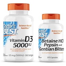 Doctor's BEST Bundle Vitamin D3 5,000 360 Count Betaine HCI Pepsin & Gentian Bitters 120 Caps, Non-GMO, Gluten Free, Vegan, Soy Free