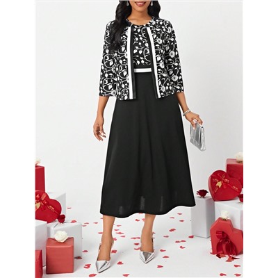 SHEIN Lady Valentinstag Blumenprint Jacke Und Kleid Set Mit Offener Vorderseite