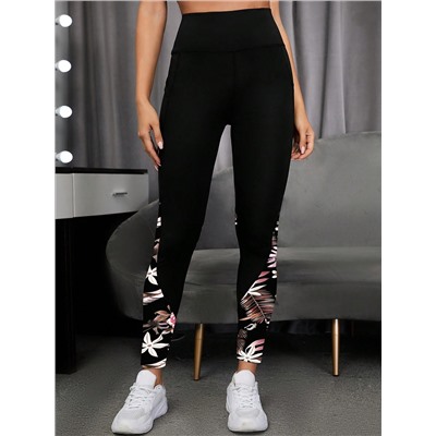 Yoga Trendy Sports Leggings mit Blume Muster, seitlicher Handytasche