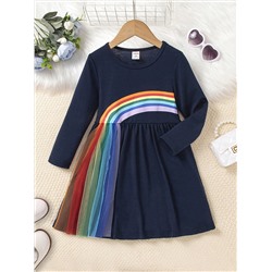 SHEIN Kleines Mädchen Kleid mit Regenbogen Streifen Muster, Mesh-Besatz