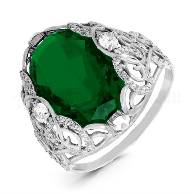 Кольцо из серебра с зеленым кварцем и фианитами родированное