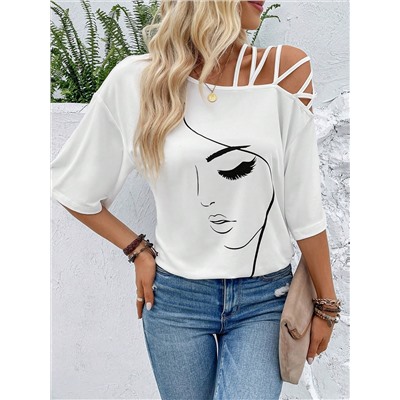 SHEIN VCAY T-Shirt mit Figur Grafik, Kreuzgurt, asymmetrischem Kragen,