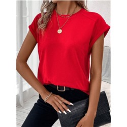 SHEIN LUNE Frauen Batwing Ärmel Einfarbiges Rotes T-shirt Mit Bedeckten Schultern, Modisch Und Vielseitig, Freizeitkleidung
