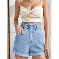 Denim Shorts mit hoher Taille, Rüschen, gerolltem Saum