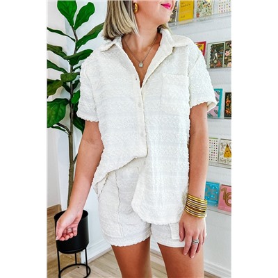 White Textured Stripes Short Sleeve Shirts and Shorts Set