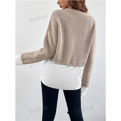 SHEIN Frenchy Rundhals Pullover Hemdbluse für Damen mit Splice-Effekt