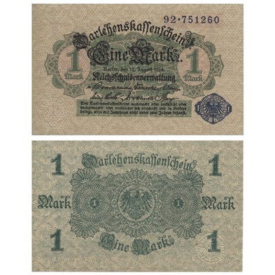 Банкнота 1 марка 1914 года, Германия (синяя печать) UNC