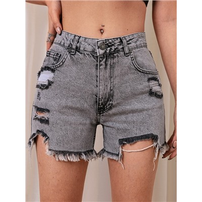 Denim Shorts mit Riss, rohem Saum