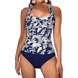 Eomenie Womens Halter Tankini Bathing Suit Ruched Tummy Control Two Piece Swimsuit with Bottom