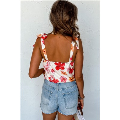 White Floral Button Wrap Sleeveless Bodysuit