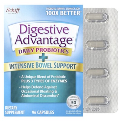 Schiff Digestive Advantage, Ежедневные пробиотики + интенсивная поддержка кишечника, 96 капсул