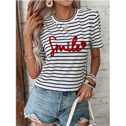 SHEIN Футболка с принтом Frenchy Stripe & Letter,