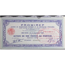 Акция Нефтяная и горнодобывающая компания Promirep, 500 франков 1957 г, Франция