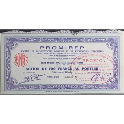 Акция Нефтяная и горнодобывающая компания Promirep, 500 франков 1957 г, Франция