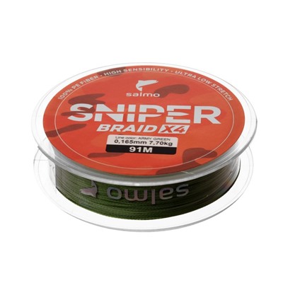 Шнур плетеный Salmo Sniper BRAID X4, диаметр 0.16 мм, тест 7.7 кг, 91 м, зелёный