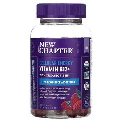 New Chapter Витамин B12+ Cellular Energy, малина, 350 мкг, 60 жевательных конфет со вкусом
