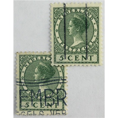 Марка 5 центов, Нидерланды, Королева Вильгельмина (зеленый) 1924-1927 год