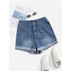 Denim Shorts mit Katzenkratzer aufgerolltem Saum