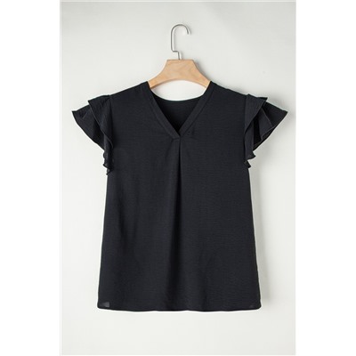 Black Ruffled Short Sleeve V Neck Plus Size Blouse