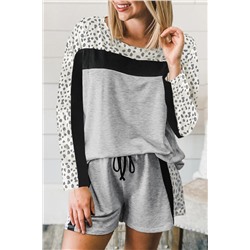 Gray Leopard Colorblock Patchwork Pullover and Shorts Set