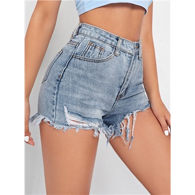 Denim Shorts mit Riss, rohem Saum, hoher Taille