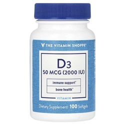 The Vitamin Shoppe Витамин D3, 50 мкг (2000 МЕ), 100 мягких таблеток