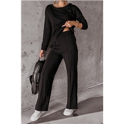 Black Solid Pullover and Seamed Casual Pants Set