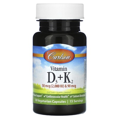 Carlson Витамин D3 + K2, 30 вегетарианских капсул