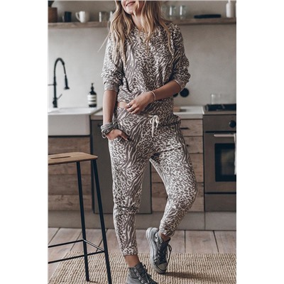 Leopard Long Sleeve Top Drawstring Pants Lounge Outfit