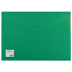 Папка-конверт на кнопке BRAUBERG, А4, до 100 листов, непрозрачная, зеленая, СВЕРХПРОЧНАЯ 0,2 мм,