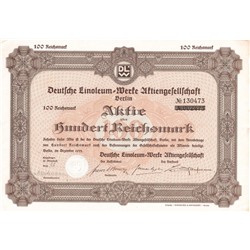 Акция линолеум Uftiengefenchaft, 100 рейхсмарок 1933 год, Германия