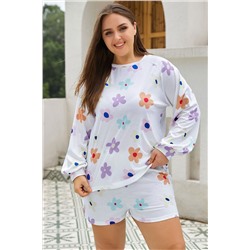 White Plus Size Flower Print Raglan Pullover and Shorts Outfit