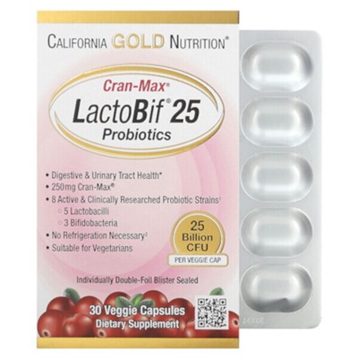 California Gold Nutrition CranMax LactoBif Пробиотики, 25 миллиардов КОЕ - 30 растительных капсул - California Gold Nutrition