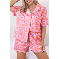 Pink Flower Print Short Sleeve Shirt Pajamas Set