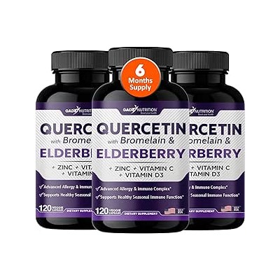 Quercetin with Vitamin C and Zinc - Elderberry - Quercetin 500mg - Quercetin with Bromelain - Zinc Quercetin - Vitamin D3 - 6 in 1 Daily Immune Support, Non-GMO - Sambucus Supplement - 6 Months Supply